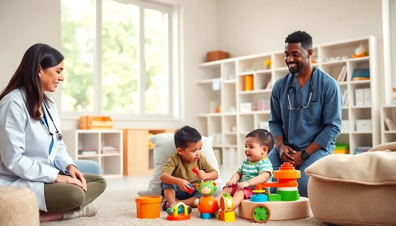 healthcare professionals engaging with a special needs baby in a therapy room.