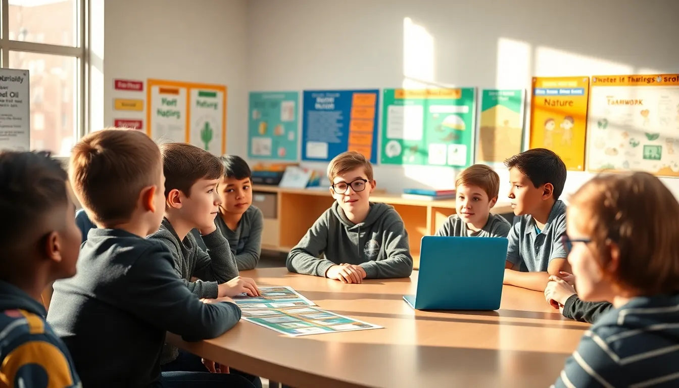 diverse boys collaborating in a modern classroom, including a special needs boy.