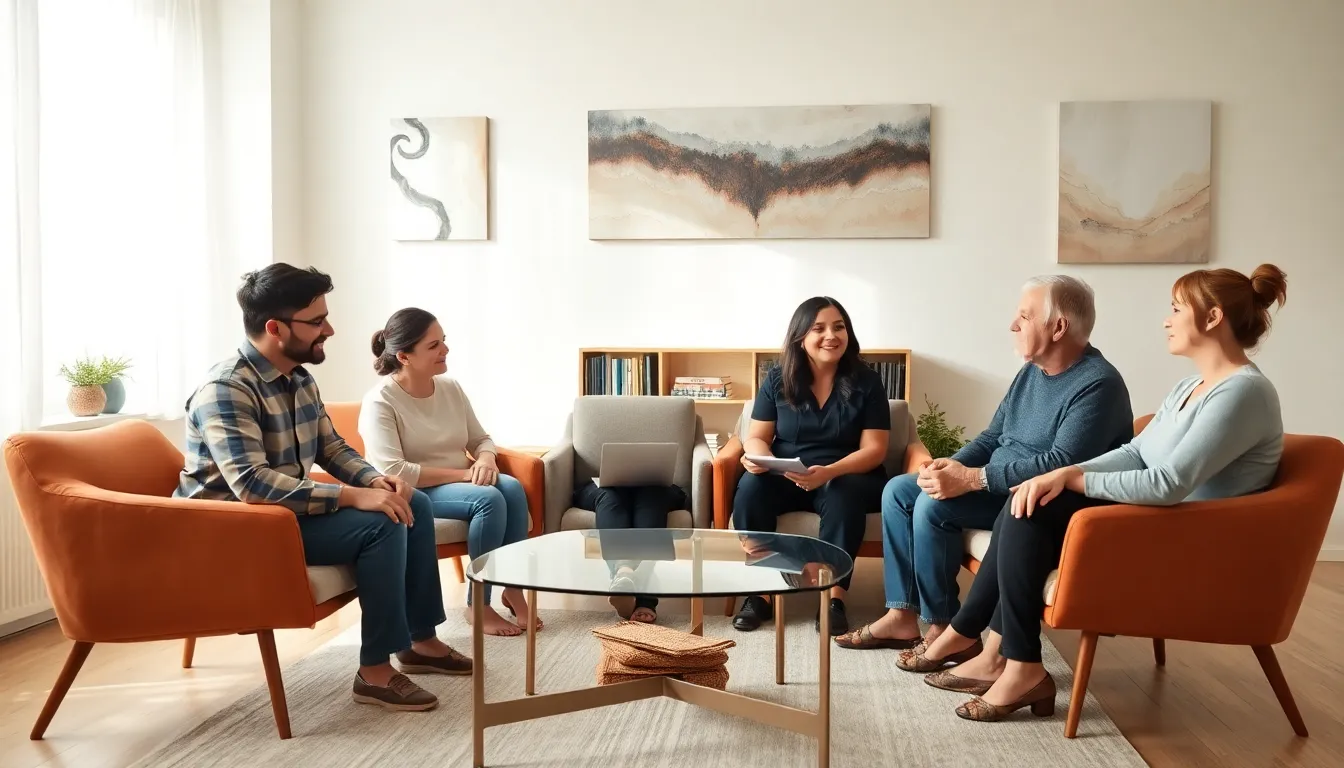 Parents discussing challenges in a modern therapy setting.